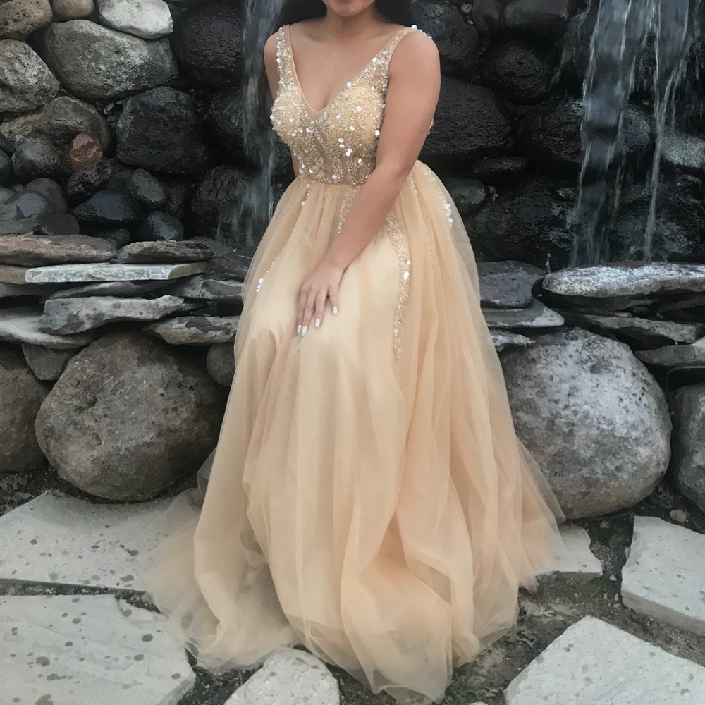 Champagne sequin prom dress